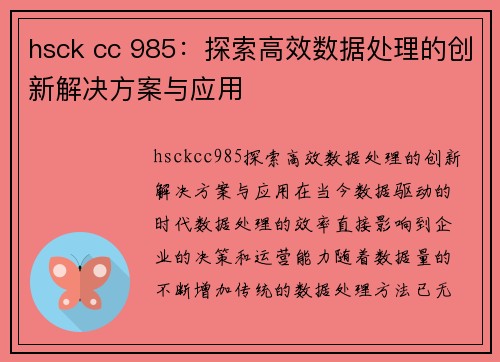 hsck cc 985：探索高效数据处理的创新解决方案与应用